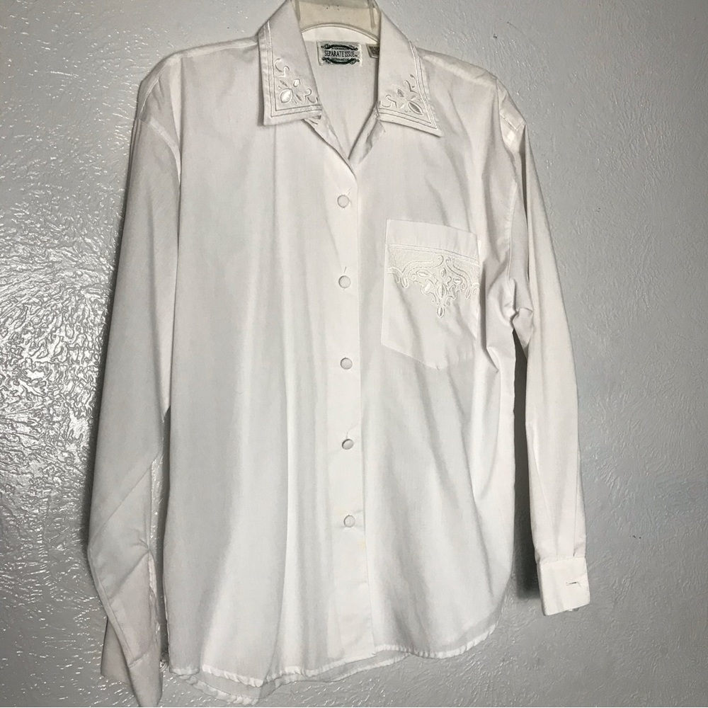 White Separate Issue Embroided Long Sleeve Button Blouse 10